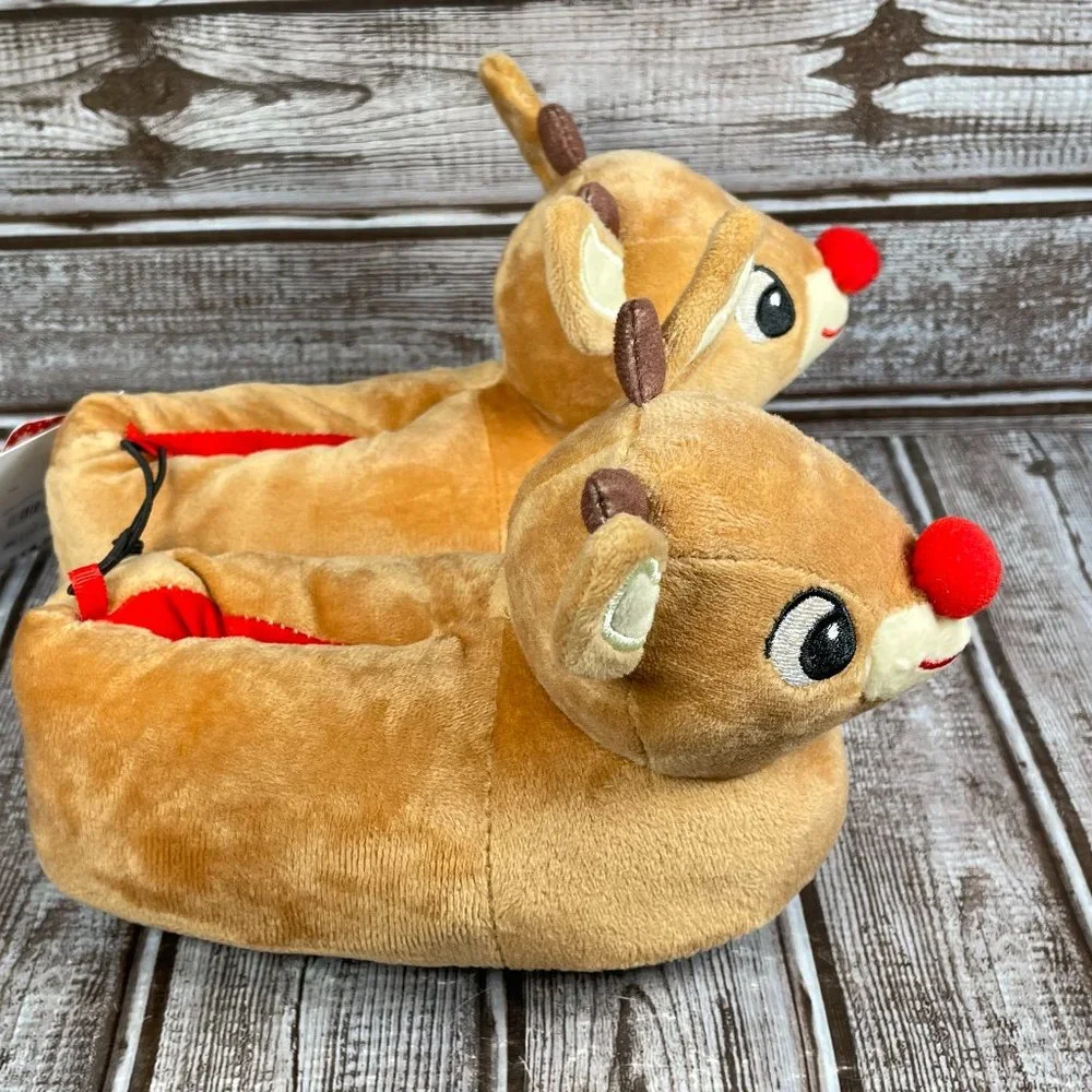 RUDOLPH THE RED NOSED REINDEER Kids Youth Unisex 5-6 Brown 3D SLIPPER NWT NEW